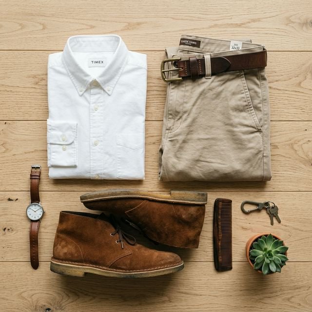 Chinos style guide flat lay with shirt, belt and desert boots