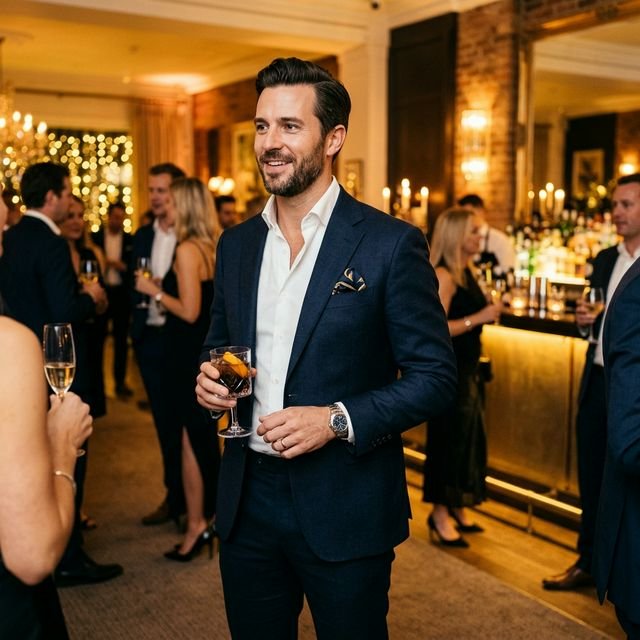 Man in dark navy cocktail attire at upscale event