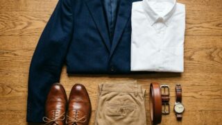 Men's color-coordinated outfit flat lay: navy blazer, white shirt, tan chinos, brown shoes