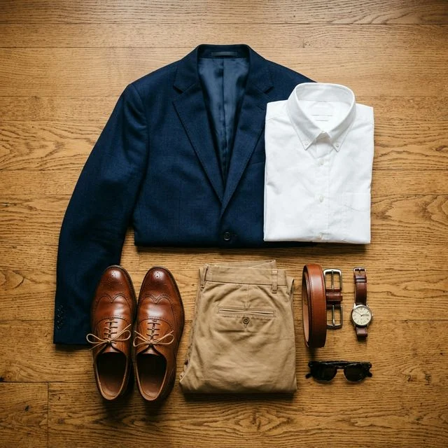 Men's color-coordinated outfit flat lay: navy blazer, white shirt, tan chinos, brown shoes