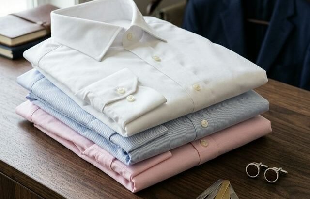 Stack of men's dress shirts in white, blue and pink