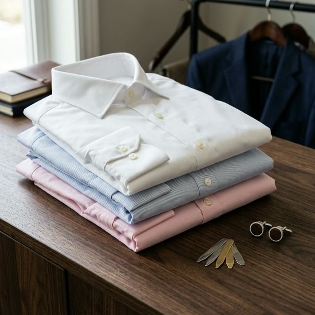 Stack of men's dress shirts in white, blue and pink