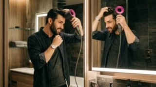 Man using hair dryer in modern bathroom
