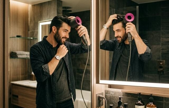 Man using hair dryer in modern bathroom