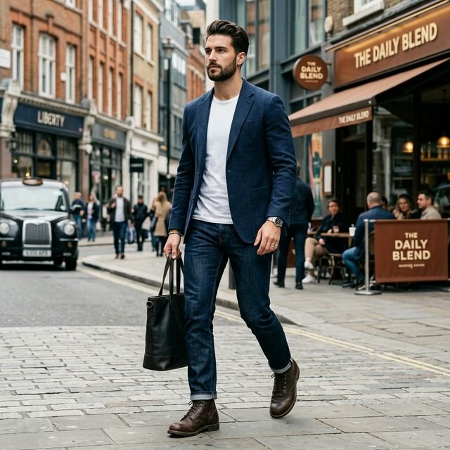 Man wearing dark jeans with blazer in smart casual style