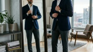Man in interview outfit checking mirror: blazer, dress shirt, dress pants