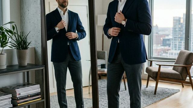 Man in interview outfit checking mirror: blazer, dress shirt, dress pants