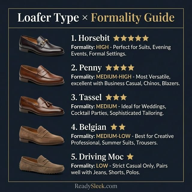 Infographic showing loafer types ranked by formality from Horsebit (most formal) to Driving Moccasin (least formal)
