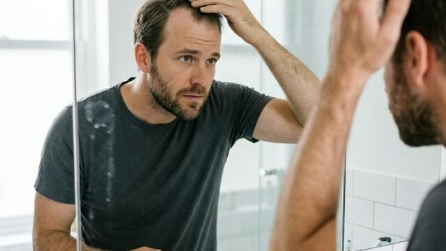 Man examining receding hairline in mirror