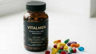 Premium men's multivitamin bottle with capsules