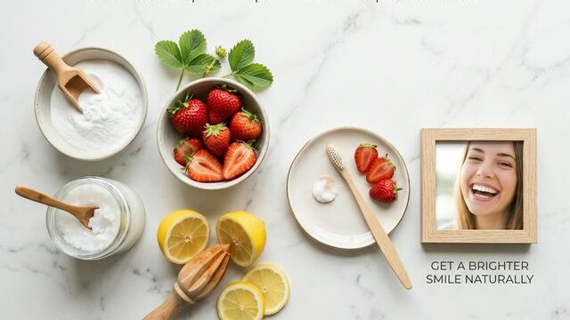 Natural teeth whitening ingredients: baking soda, strawberries, coconut oil