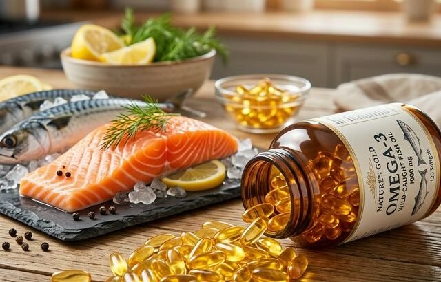 Omega-3 fish oil capsules with fresh salmon