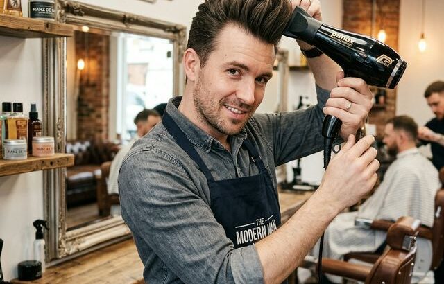 Man styling pompadour on thin hair with blow dryer