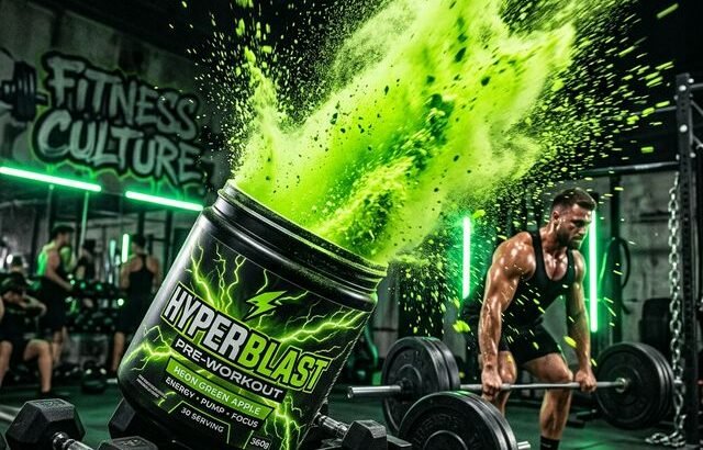 Pre-workout supplement with explosive energy concept in gym