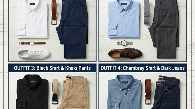 Four men's shirt and pants color combination outfits