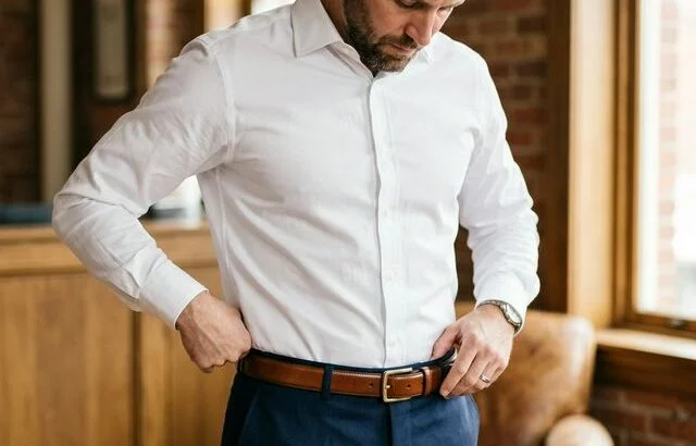 Man demonstrating perfect military shirt tuck