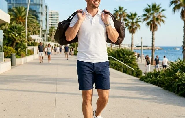 Man wearing navy shorts and white polo in summer outfit