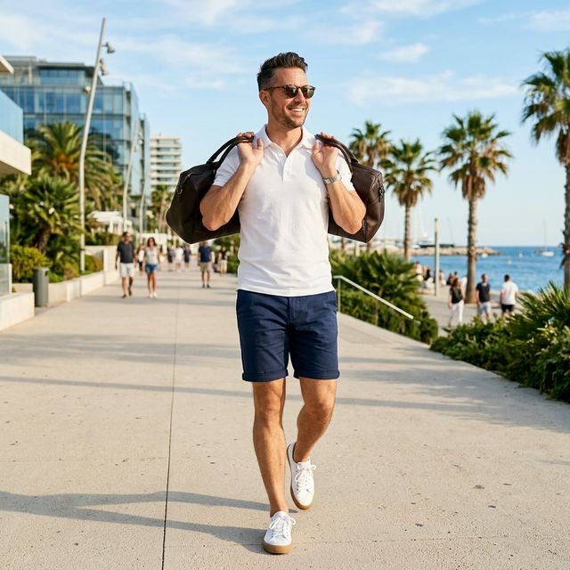 Man wearing navy shorts and white polo in summer outfit
