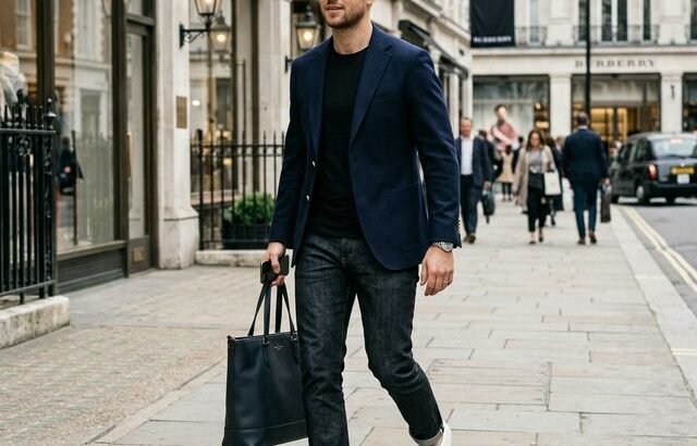 Man in smart casual outfit: blazer, t-shirt, jeans, white sneakers