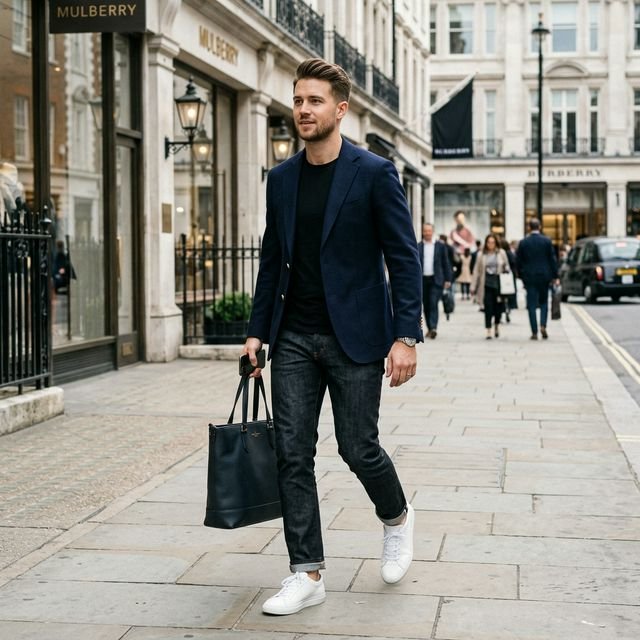 Man in smart casual outfit: blazer, t-shirt, jeans, white sneakers