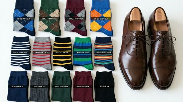 Men's dress socks in various patterns next to Oxford shoes