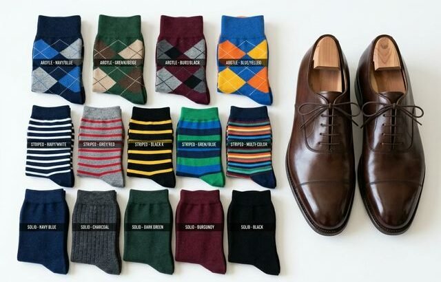 Men's dress socks in various patterns next to Oxford shoes