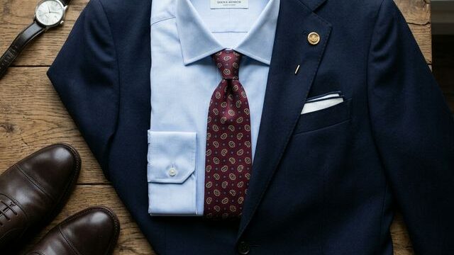 Navy suit with light blue shirt and burgundy tie