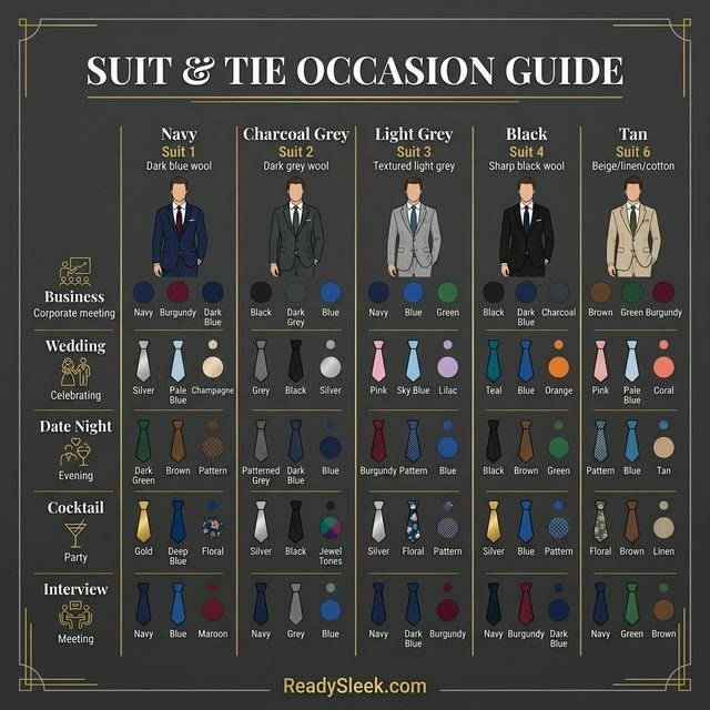 Visual guide showing which tie colors to wear with different suit colors for business, weddings, dates, and interviews
