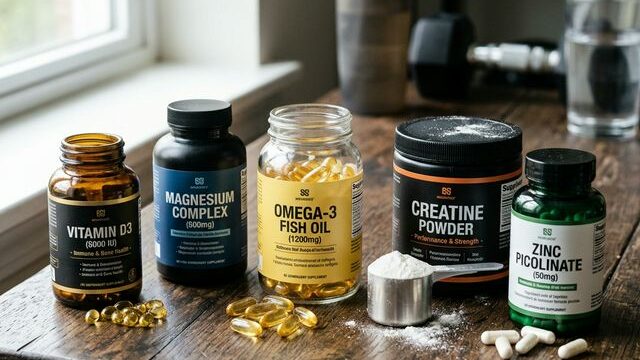 Men's essential supplements: Vitamin D, magnesium, omega-3, creatine, zinc