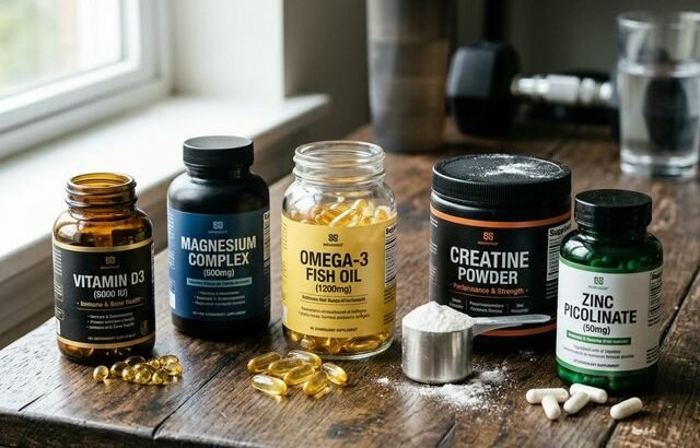 Men's essential supplements: Vitamin D, magnesium, omega-3, creatine, zinc